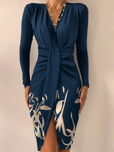 Women's Dresses Ruched V-Neck Printed Long Sleeve Skinny Dress